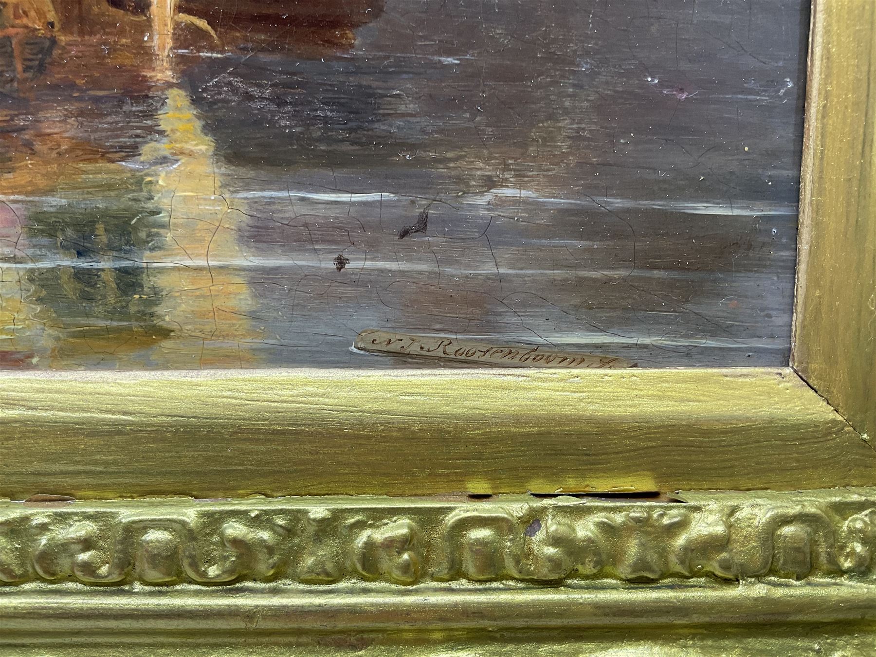 Nicolaas Johannes Roosenboom (Dutch 1805-1880): Rowing Boat approaching a Royal Barge, oil on panel signed on flotsam lower right 33cm x 47cm