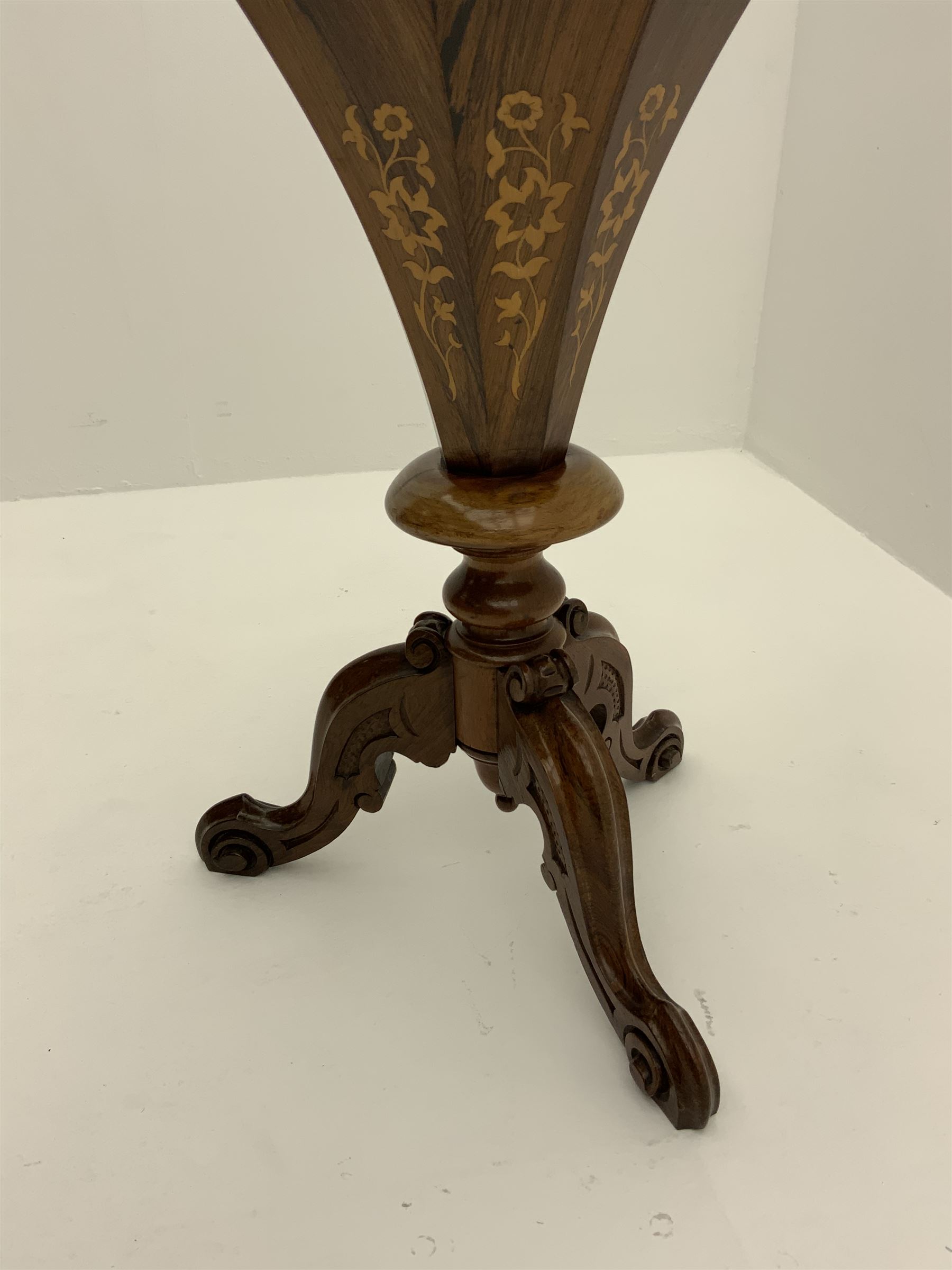 Victorian inlaid rosewood work sewing box, curved trumpet form with circular hinged lid inlaid with warrior woman on horse surrounded by trailing foliate, fitted interior, on scrolled carved splayed supports