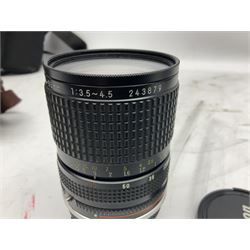 Nikon F3 SLR camera, serial number 1583609; Nikon 50mm 1:1.8 lens; Nikon 28-85mm 1:3.5-4.5 zoom lens; Vivitar MC 2X-3 Tele Converter, and a Nikon Speedlight SB-16 flash