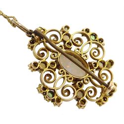 15ct gold opal, pearl and green stone set openwork pendant/brooch, on an 18ct gold chain necklace