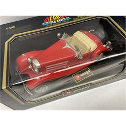 Bburago - seven 1:18/1:20 scale die-cast models comprising Jaguar SS100 (1937), Alfa Romeo 8C 2300 Monza (1931), Alfa Romeo 2300 Spider (1932), Ferrari Testarossa (1984), Bugatti Type 59 (1934), Mercedes Benz 500K Roadster (1936) and Ferrari 250 Testa Rossa (1957); all boxed (7)