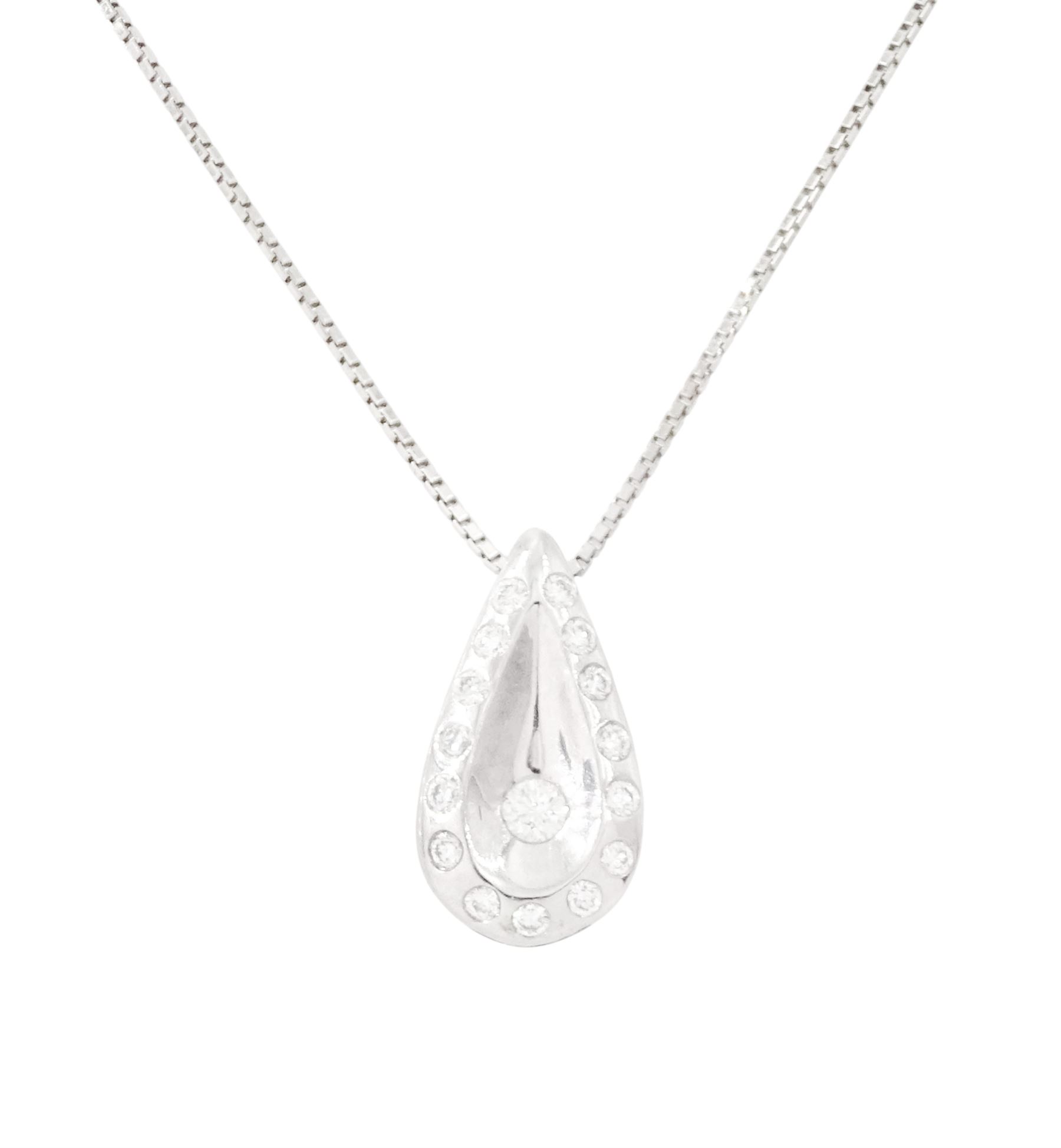 18ct white gold diamond pendant necklace, sixteen round brilliant cut diamonds, rubover set in a pear shaped pendant, on a fine box link chain necklace, stamped 750