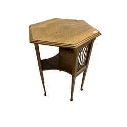 Early 20th century oak occasional table, octagonal top over under-tier with open fretwork supports