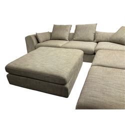 Contemporary corner sofa upholstered in grey fabric (310cm x 282cm); with matching rectangular footstool (110cm x 110cm)