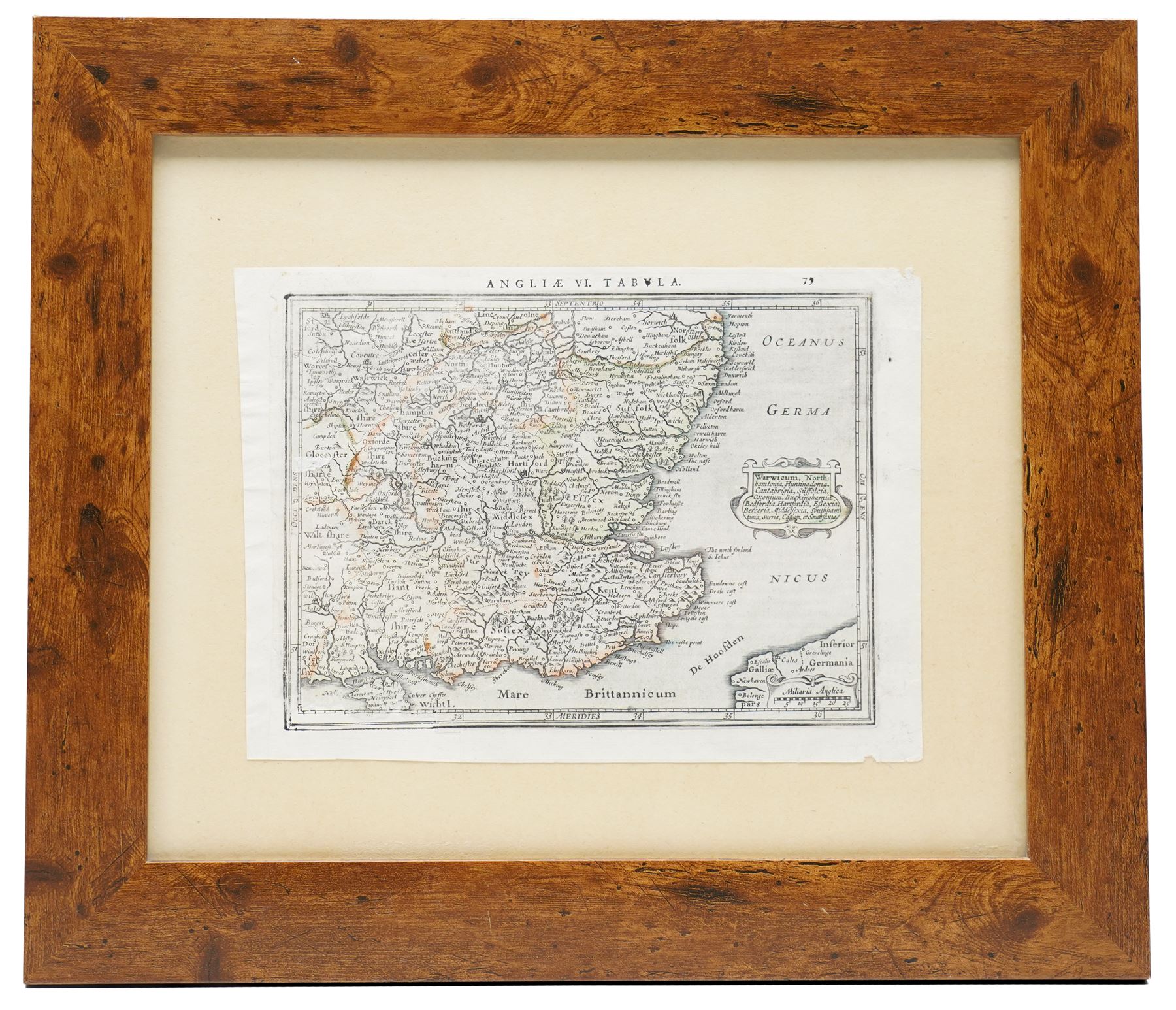 Gerard Mercator (Flemish 1512-1594) and Jodocus Hondius (Flemish 1563-1612): 'Angliae VI. Tabula.', 17th century engraved map with hand-colouring of southern and central England, from the Latin edition of the Atlas c.1630, 17cm x 23cm