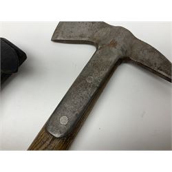 Post-War military type fireman's axe impressed 'PERKS 1953/54' with additional indistinct mark probably WD arrow, ash handle L39cm; and another stonemason's(?) double headed axe with mallet shaped shaft (2)