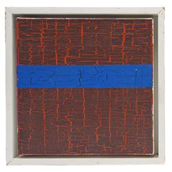 Gillian Ross Kelsey (British 1935-2025): 'Blue Ribbon', mixed media on canvas, signed and titled verso 30.5cm x 30.5cm