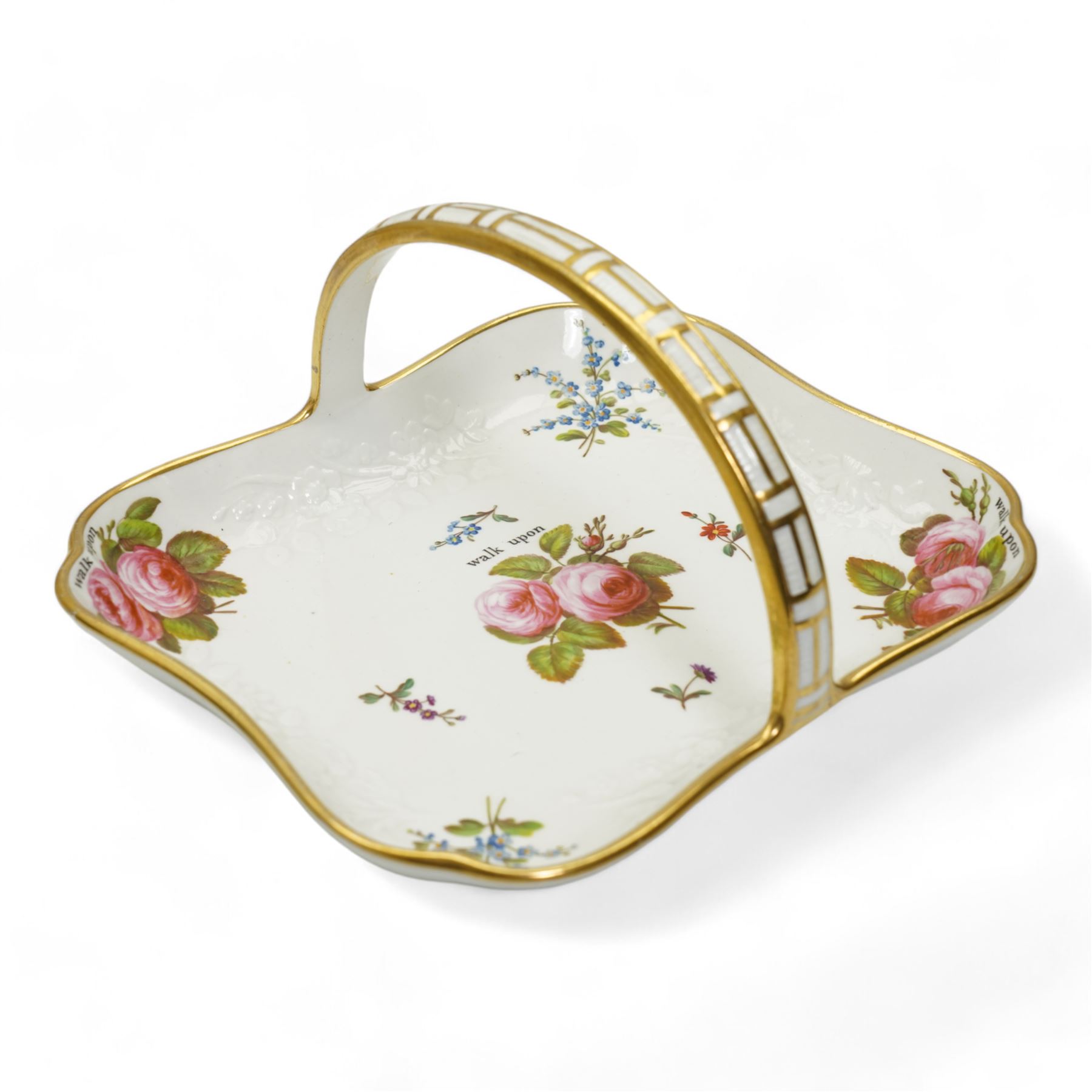 Early 19th century Spode porcelain basket, hand painted with pink roses and forget me nots and inscribed 'Walk Upon', L20cm, together with a similar Spode spill vase, two other spill vases, painted with flowers and castle, H10.5cm and an early English porcelain jug inscribed W & M West 1831, H16cm (5)