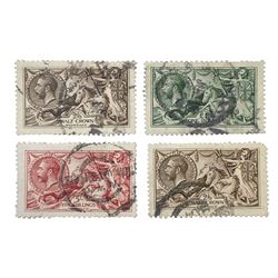 Great Britain King George V seahorse stamps, comprising two half crown, five shillings and one pound green, all used, all previously mounted