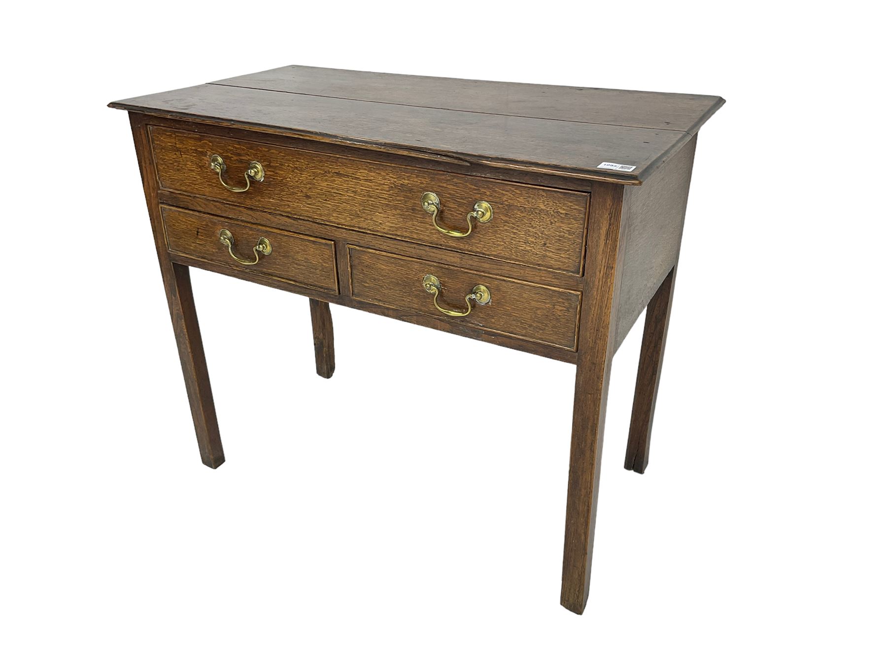 Georgian oak lowboy, rectangular moulded top over three drawers, on square supports