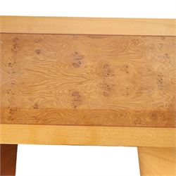 Light oak office sideboard cabinet, fitted with three doors, burr and figured panels