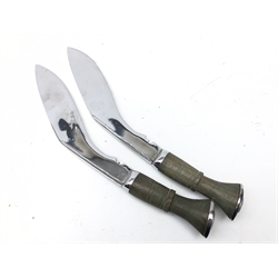  Pair of Kukri knives, 28.5cm chromed shaped blades, green stained shaped grips with chrome lozenge shaped pommels, L41cm (2)   