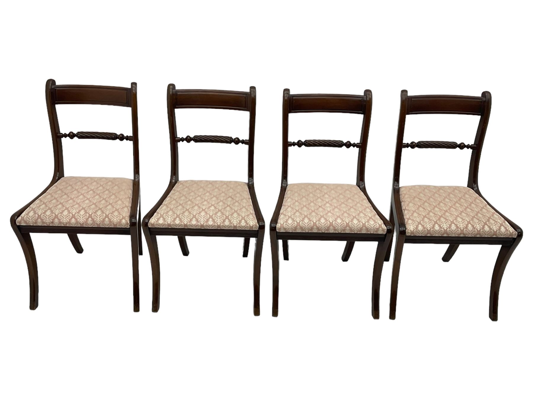 Regency design mahogany extending dining table, rectangular top with extending canted corners, pull-out action with additional leaf (84cm x 136cm - 182cm, H76cm); set of eight Regency design mahogany dining chairs with rope twist rails