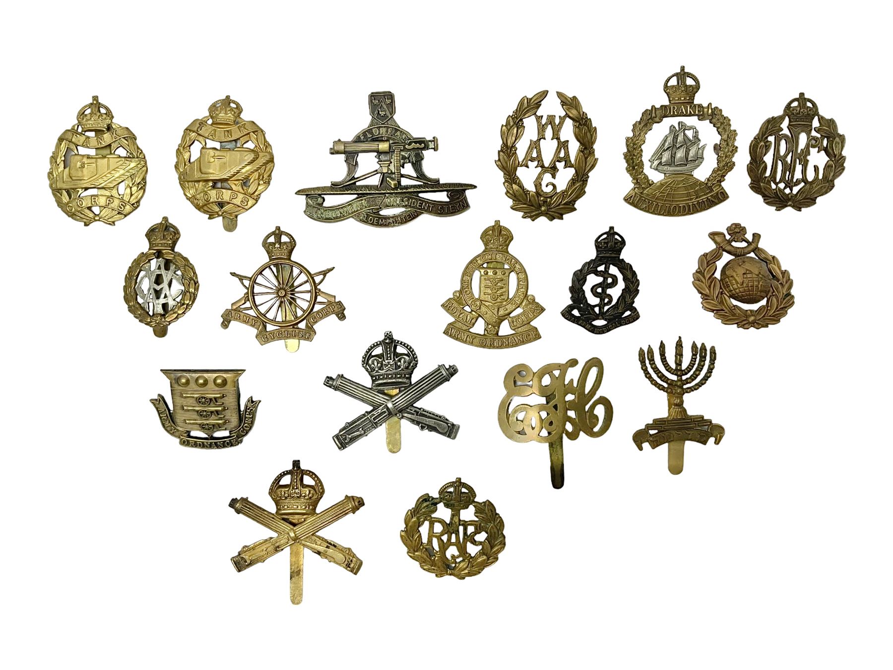 Seventeen cap badges including Expeditionary Forces Canteen, Machine Gun Corps, Tank Regiment, Jewish Battalions, Ordnance Corps, Medical Corps, Cyclist Corps, RFC & RAF, Veterinary Corps, Drake battalion etc (17)