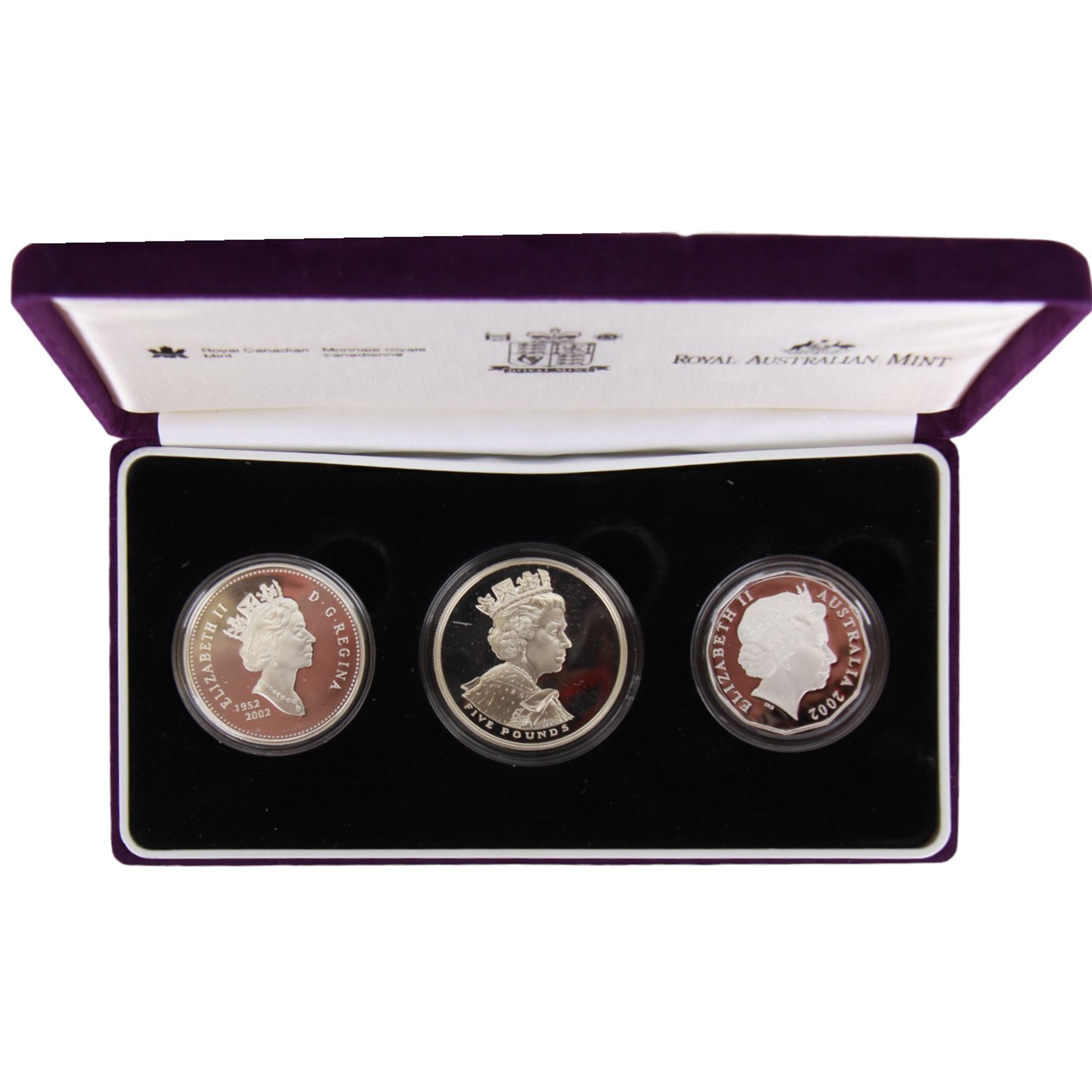 Queen Elizabeth II 2002 'The Accession Set' comprising United Kingdom five pounds,  Canada one Dollar and Australia fifty cents, cased with certificate