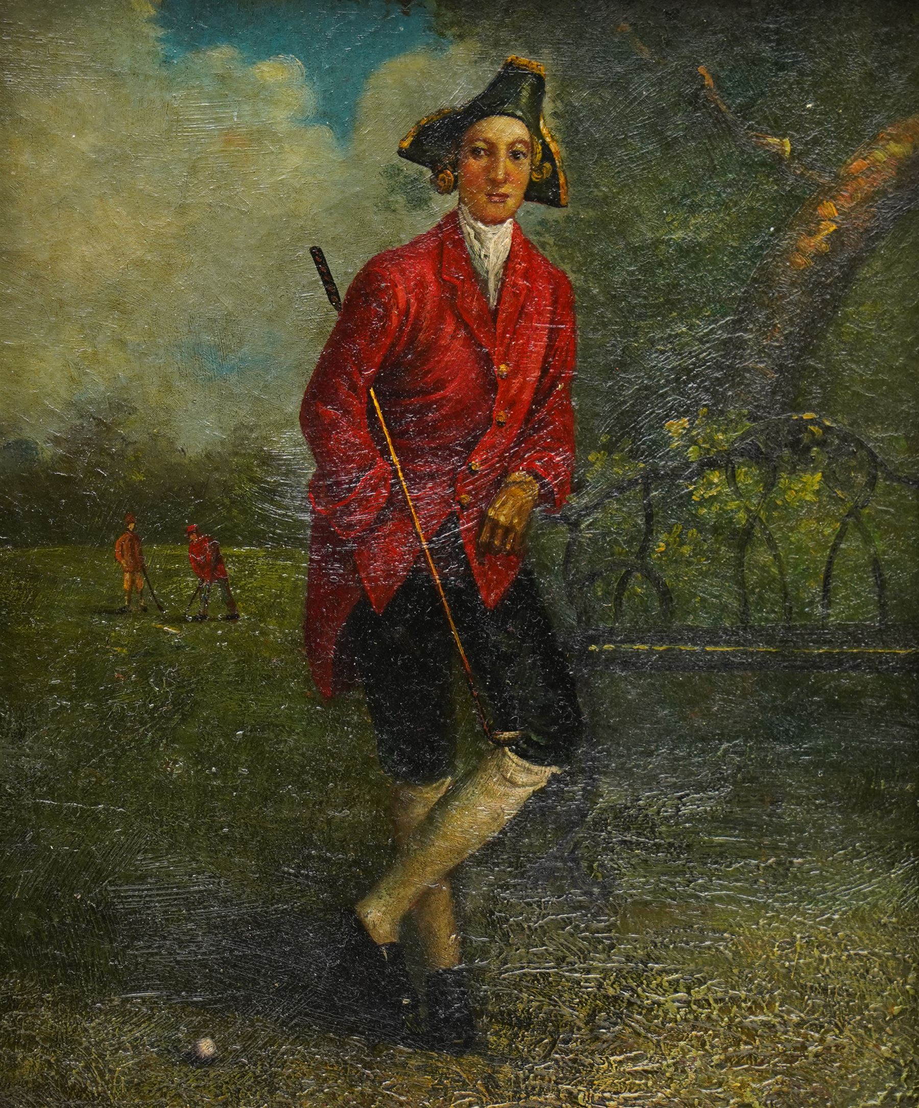 After Anton Maria Mucchi Vignoli (Italian 1871-1945): Regency Gentleman Playing Golf, 20th century oil wood panel unsigned 24cm x 18.5cm