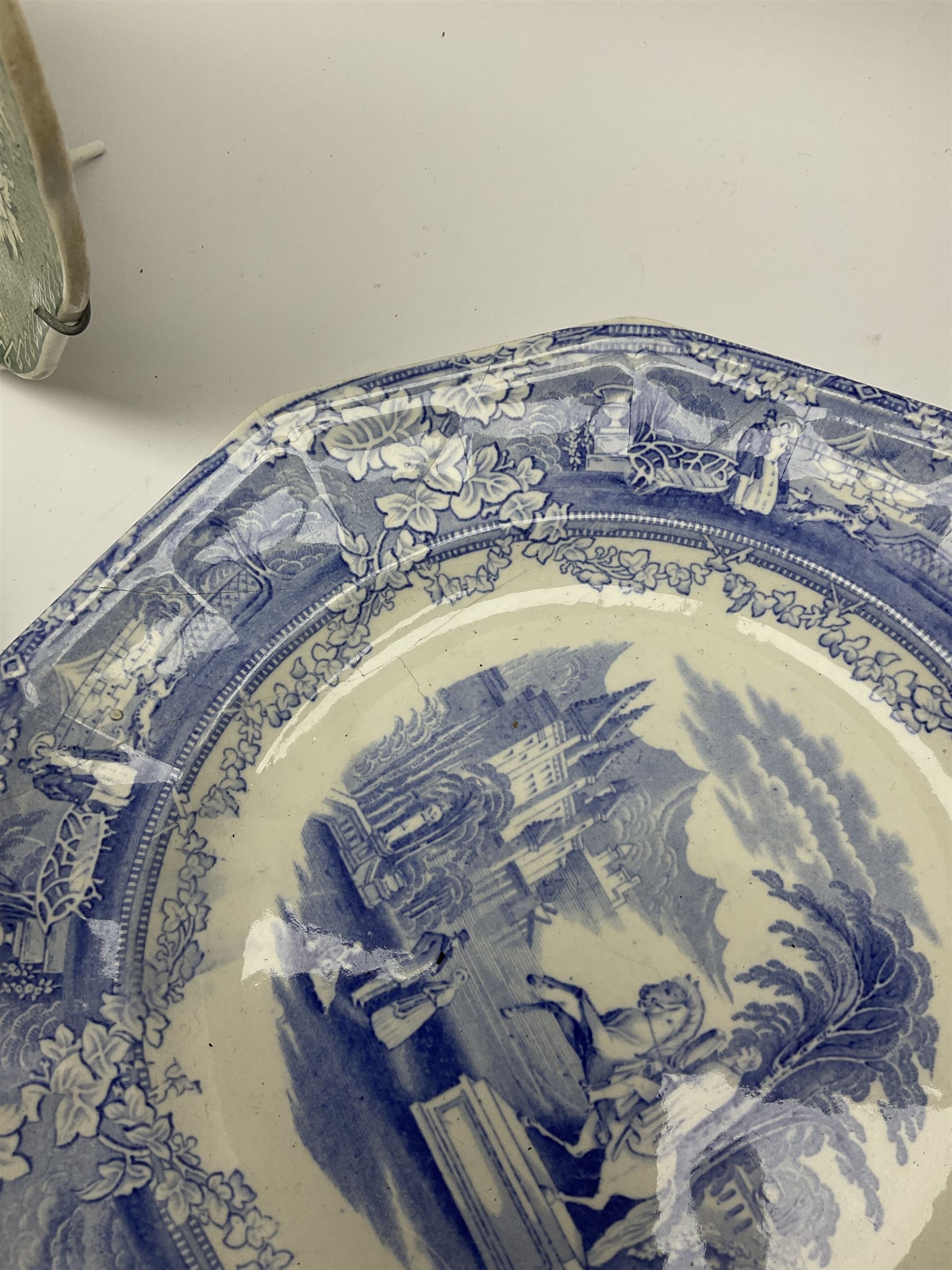 A pair of John Ridgway soup bowls, transfer printed in green with the Giraffe pattern, together with a group of other 19th century blue transfer printed wares, including a pair of Walmer pattern dinner plates. 