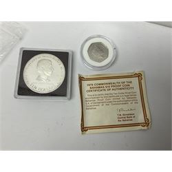 Commonwealth Of The Bahamas 1978 silver proof ten dollars coin with certificate, Queen Elizabeth II Turks and Caicos Islands silver twenty crowns coin in commemorative first day cover, The Royal Mint United Kingdom 2018 'Celebrating the 70th Birthday of HRH The Prince of Wales' five pound coin in card folder and 2022 The Snowman and The Snowdog coloured fifty pence coin