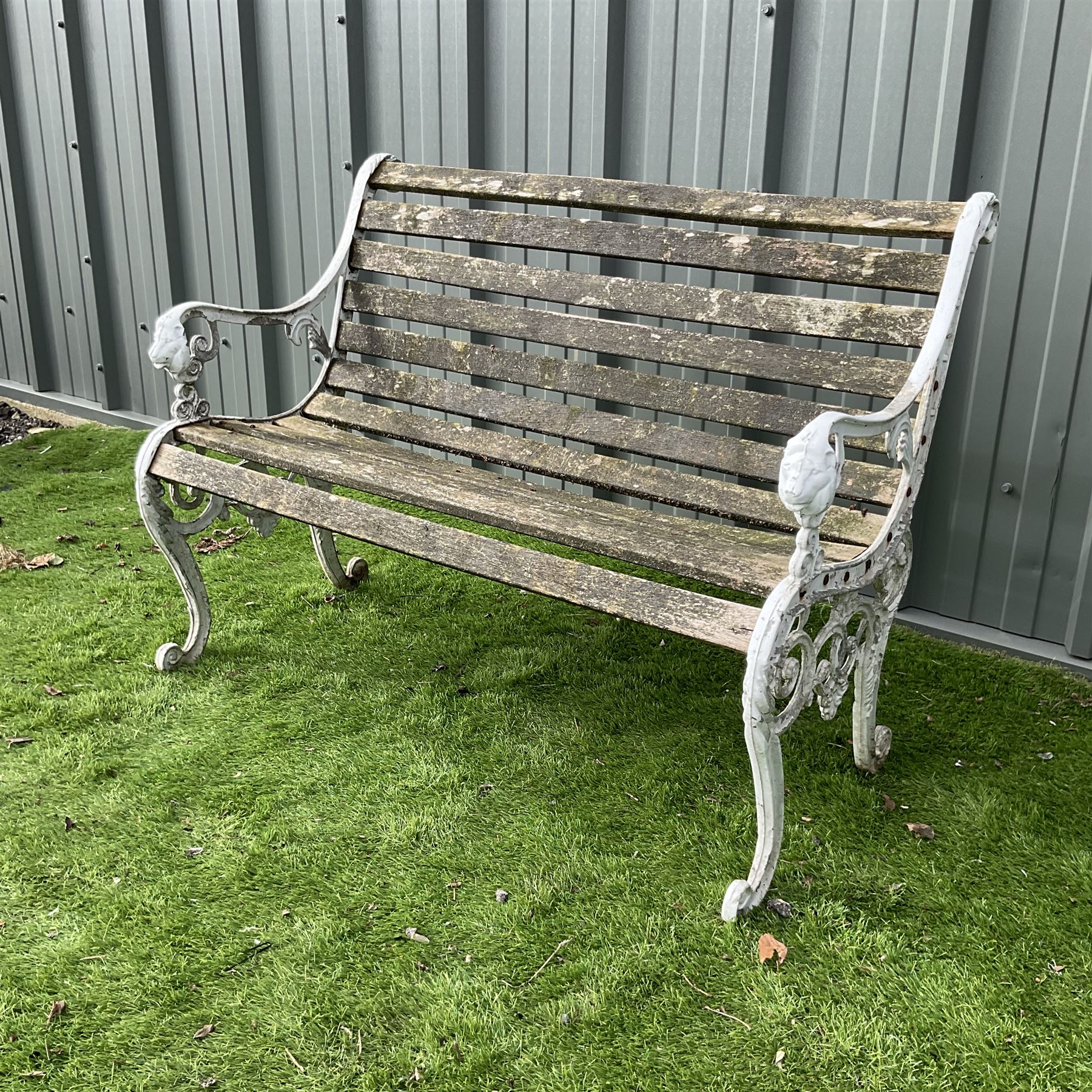 Cast aluminium and wood slatted garden bench painted in white  - THIS LOT IS TO BE COLLECTED BY APPOINTMENT FROM DUGGLEBY STORAGE, GREAT HILL, EASTFIELD, SCARBOROUGH, YO11 3TX