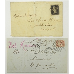  Queen Victoria 1d black stamp on cover, black MX and a 1/2d bantam on cover twice postmarked and twice written 'not known'  