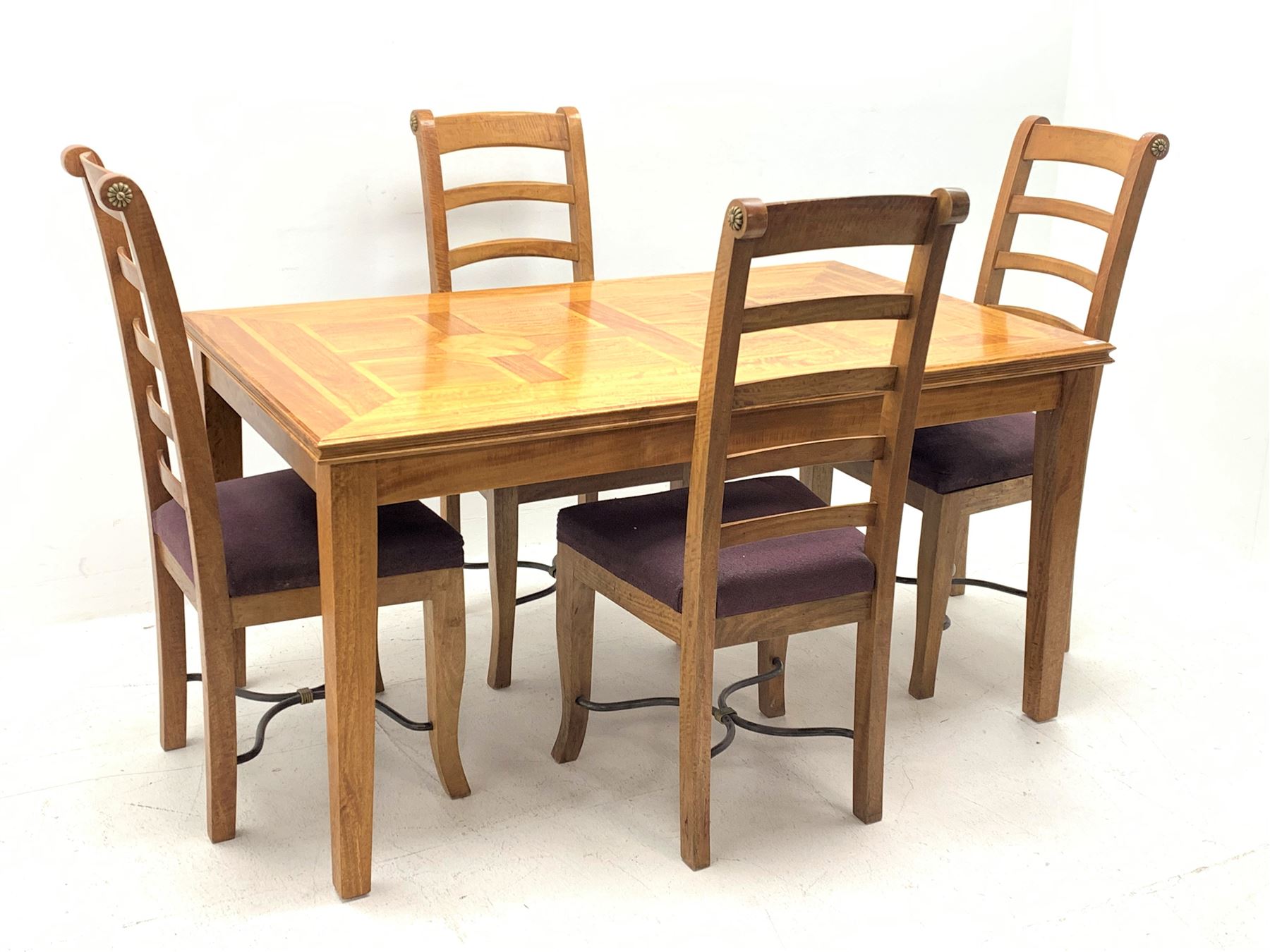 Mango wood and flagstone rectangular dining table (150cm x 90cm, H77cm) and set four high ladder back dining chairs