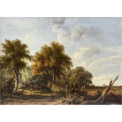 John Westall (British fl.1873-1893): Figures on Wooded Tracks, pair of oils on canvas one signed 29cm x 39cm (2)