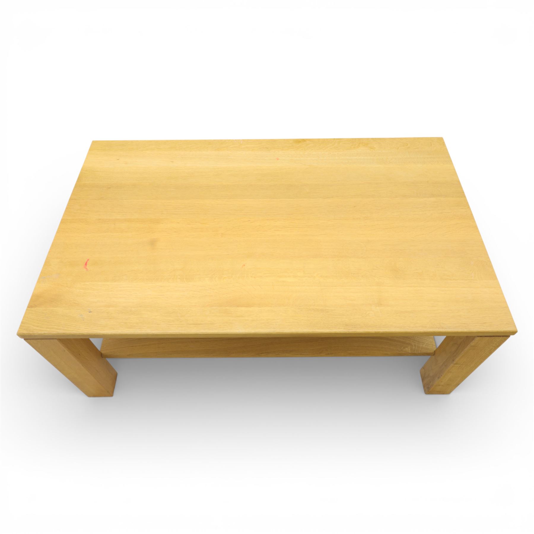 Modern solid oak coffee table, square supports united by full length under tier, raised on castors