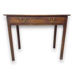 Early 20th century oak side table, rectangular top with rounded edges over single frieze drawer with brass pull handles, raised on square supports