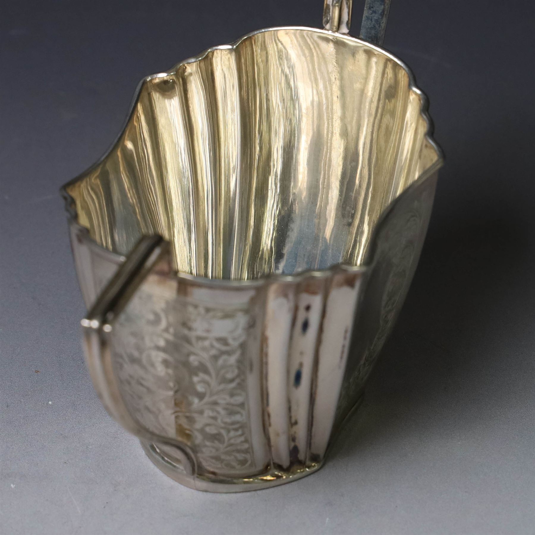 Late Victorian silver twin handled open sucrier and milk jug, of fluted form with panels of engraved foliate decoration, hallmarked D & M Davis, London 1896