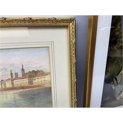Italian school (20th century); Venetian Gondolier Scene, watercolor unsigned, together with colour print after Josepha Reynolds and black and white print of St.Hilda's Hartlepool (3)