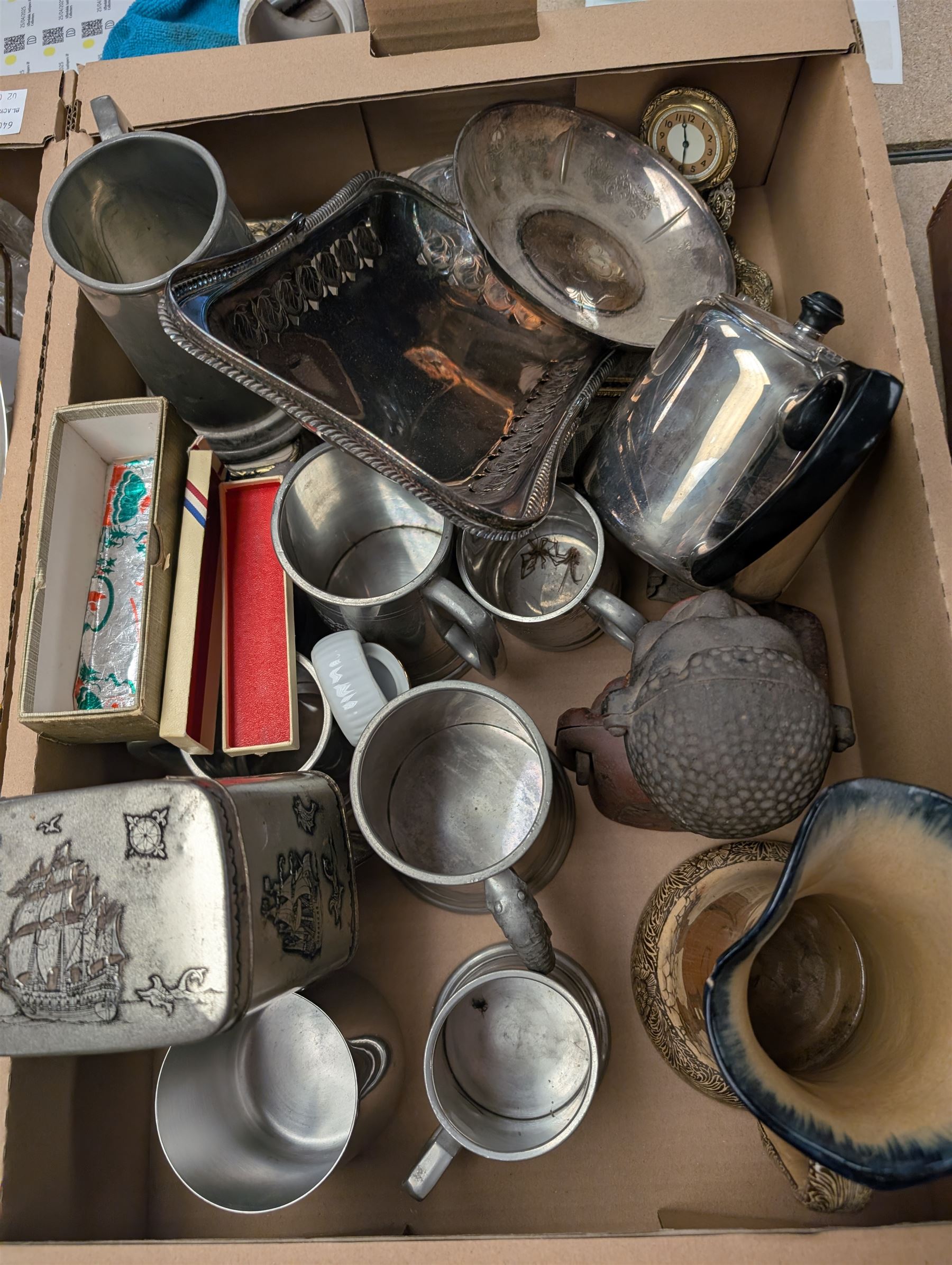 Collection of silver plate including twin-handled tray, cut glass, ceramics and other collectibles, in five boxes