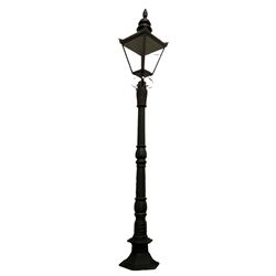 Victorian style cast iron street lamp, fluted column with hexagonal base, four glass lantern top