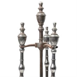 Two 19th century fireside companion sets, one four piece and one three piece, the stand and irons with etched foliate motifs, larger H74cm (2)
Provenance: Kirkham Hall