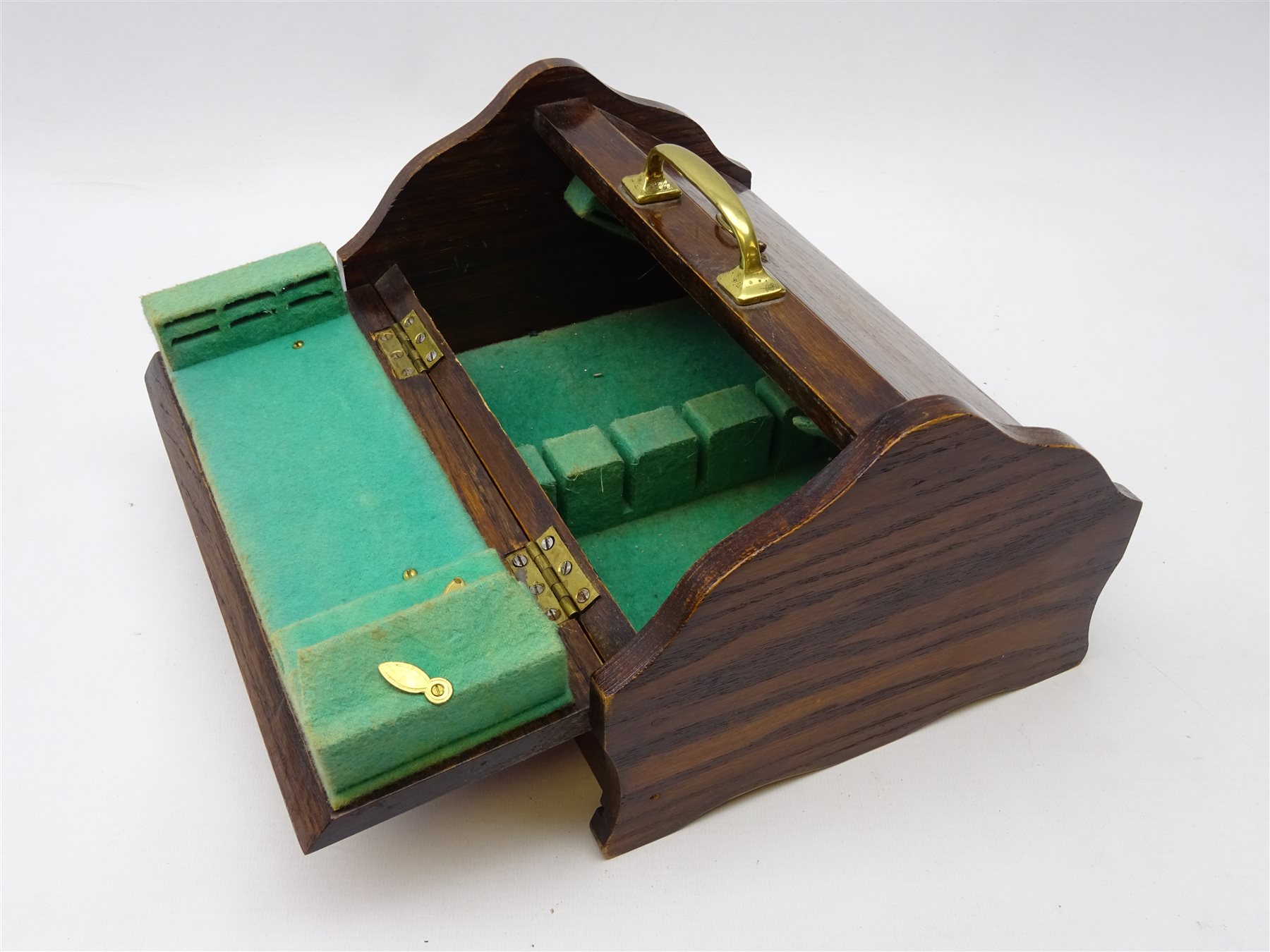 Early 20th century oak cutlery box with twin hinged sloping lids and