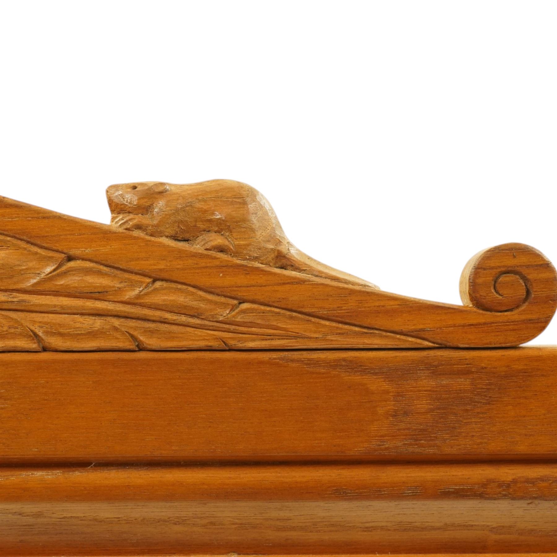 Beaverman - Yorkshire oak panelled double wardrobe, with carved pediment, panelled doors and sides, with internal top shelf above a single hanging rail, with carved beaver signature, by Colin Almack of Sutton near Thirsk