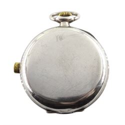 Late 19th century continental silver open face keyless minute repeating pocket watch, plunge repeat to the side, the case stamped 0.935, numbered 2594210 and impressed with a makers mark of an open hand, the inner dust cover with applied gold work depicting birds swimming along a river bank under a tree