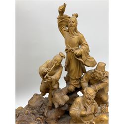 Large Chinese wood carving, depicting the eight immortals crossing the sea, H46cm, L78cm 