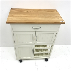 Painted pine kitchen trolley, single drawer above three cupboard and nine bottle wine rack, W67cm, H83cm, D38cm