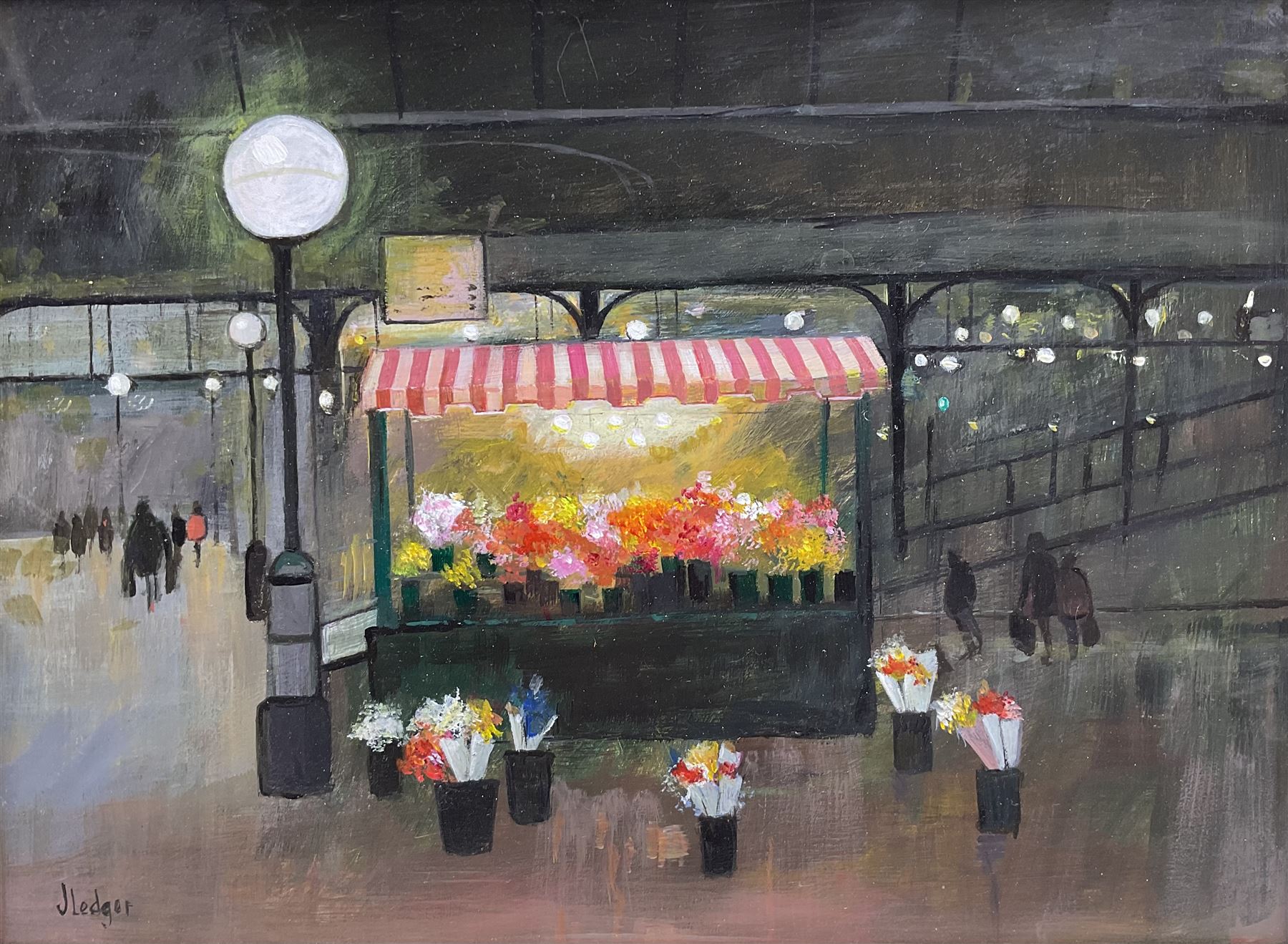 Janet Ledger (British 1931-): 'Flowers at Newcastle Station II', acrylic on board signed, titled on gallery label verso 22cm x 29cm 
Provenance: exh. Linda Blackstone Gallery, Pinner 2006, label verso