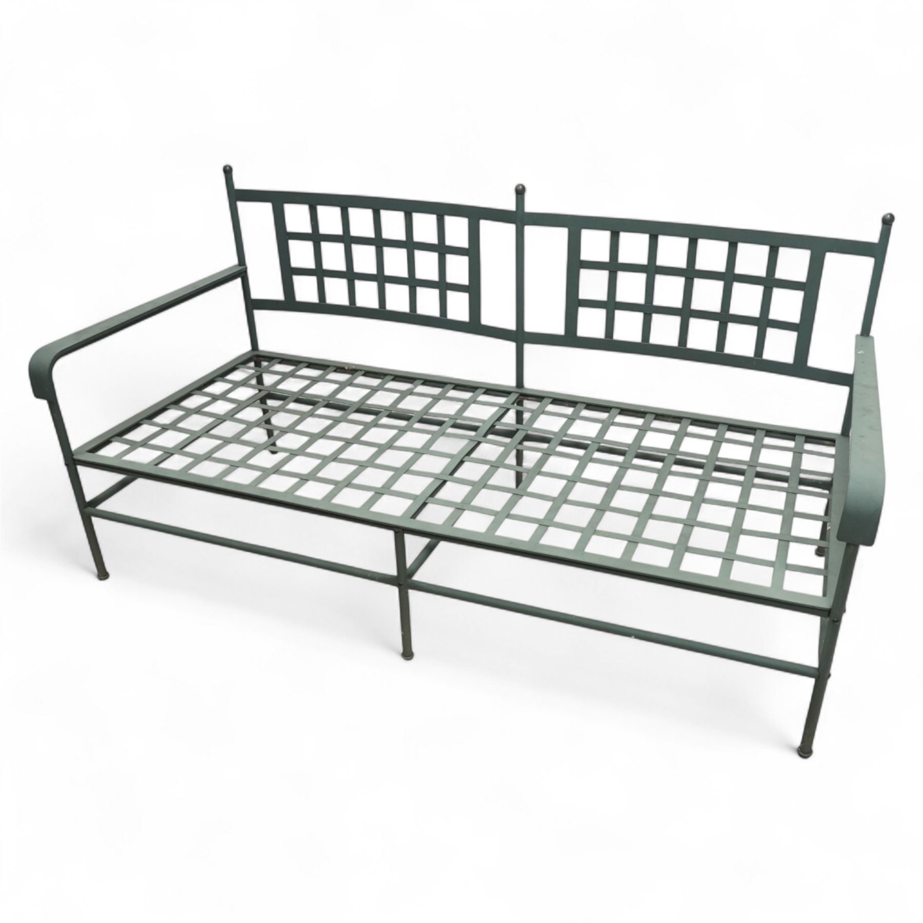 Unopiu - Italian designer 'Toscana' garden suite, comprising two seat sofa and two armchairs with table, wrought metal with loose seat cushions (Armchair W 82cm, D 72cm, H 81cm)