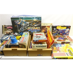  Collection of toys and board games including Jetspace Program 'Pulsair system' by Ceji, GForce 'Battle of the Planets' No. 77273, Scalextric 100 set, Risk, Downfall, Connect 4 etc in two boxes  