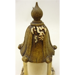  Japanese Meiji period carved ivory shrine temple, the textured sloping roof having intricately carved cherry blossom, leaves and birds, the interior with a figure of Guanyin stood on a carved lotus base, with altar table, censers etc within a pierced archway on a circular stepped base, H17.5cm   