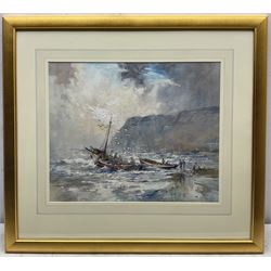 Robert Leslie Howey (British 1900-1981): Launching Cobles at Staithes, mixed media signed 37cm x 45cm
