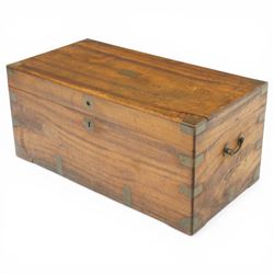 Campaign style camphor wood chest, the rectangular top with brass carrying mounts, brass bound angles and straps, with hinged cover