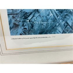 Five limited edition framed coloured prints of shooting interest comprising after C. Stanley Todd game birds taking flight in a mountainous lake landscape no.348/600; after J.C. Harrison game birds in flight over fields no.285/500; after Alan B. Hayman  'A Right and Left?' no.398/850; after Andy Beck 'Pheasant Drive' no.56/350; and after Leo Stans 'Autumn Air'; all signed on the mount; various frames (5)