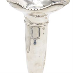 Two 1920s silver mounted trumpet vases, the first example of faceted form, hallmarked James Deakin & Sons, Sheffield 1921, the second example with fluted rim, hallmarked Walker & Hall, Birmingham 1922, tallest H25cm