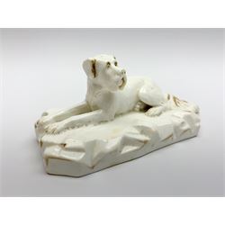 Early 19th century Grainger, Lee & Co., Worcester porcelain model of a Great Dane, circa 1820-1837, modelled in recumbent pose upon a rocky base, the white glaze heightened with gilt, H6cm L12.5cm