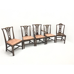 Set four Victorian mahogany dining chairs, shaped cresting rail and pierced splat, upholstered seat, square supports (W61cm) and a similar country chair (W50cm)