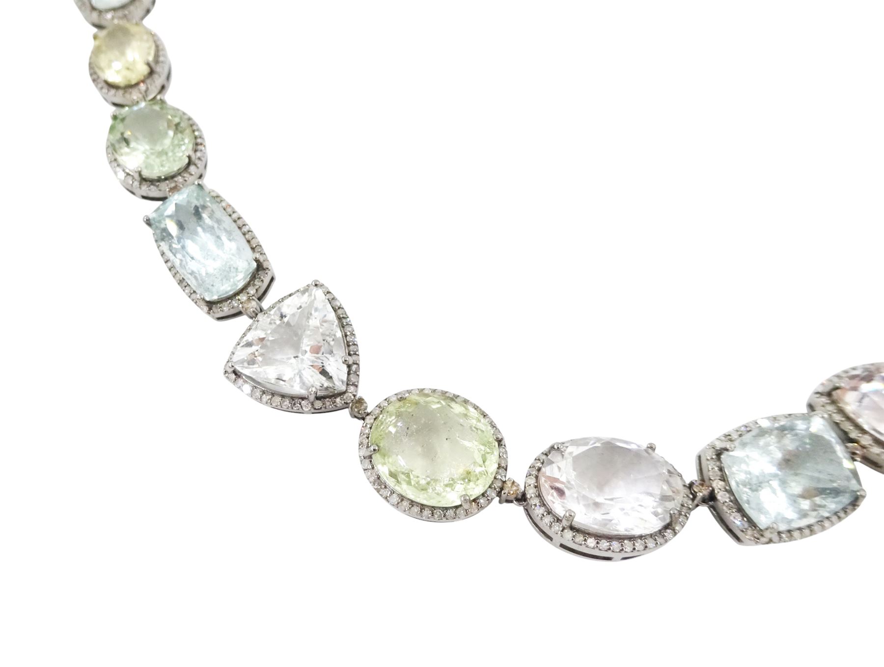Multi gemstone set necklace, including aquamarine, morganite, heliodor and beryls, each with round brilliant cut diamond surround, with pair of similar pendant stud earrings, total gemstone weight approx 119.65 carat,  diamond weight approx 6.30 carat