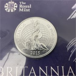 The Royal Mint United Kingdom 2014 'SS Gairsoppa Britannia' fine silver quarter ounce coin in card folder and 2015 'Britannia' fine silver fifty pound coin on card